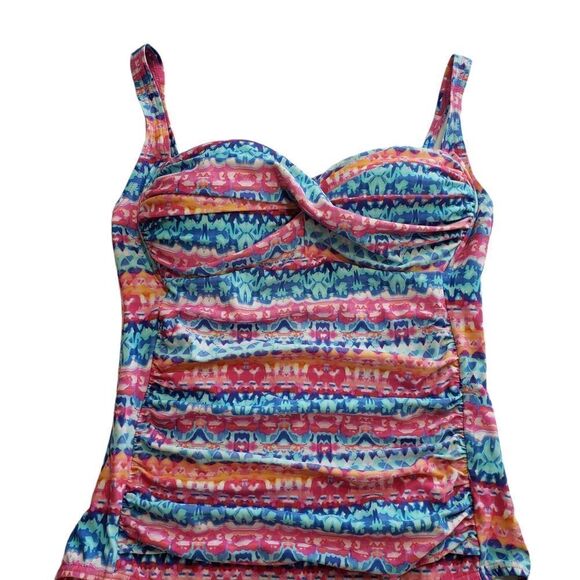 Emerald Bay Multicolored Twist-Front Side Ruched One Piece Swimsuit Size 12 - Picture 3 of 13